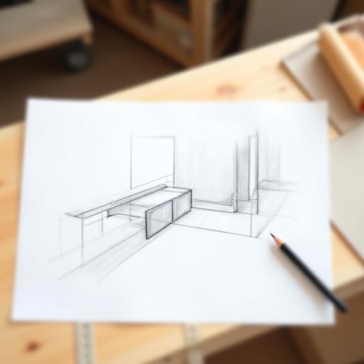 Schizzo di un mobile su misura su un tavolo da lavoro.